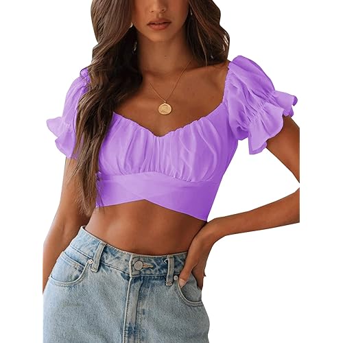 LYANER Women's Ruffle Short Sleeve Tie Up Back Crop Top Off Shoulder Bardot Blouse
