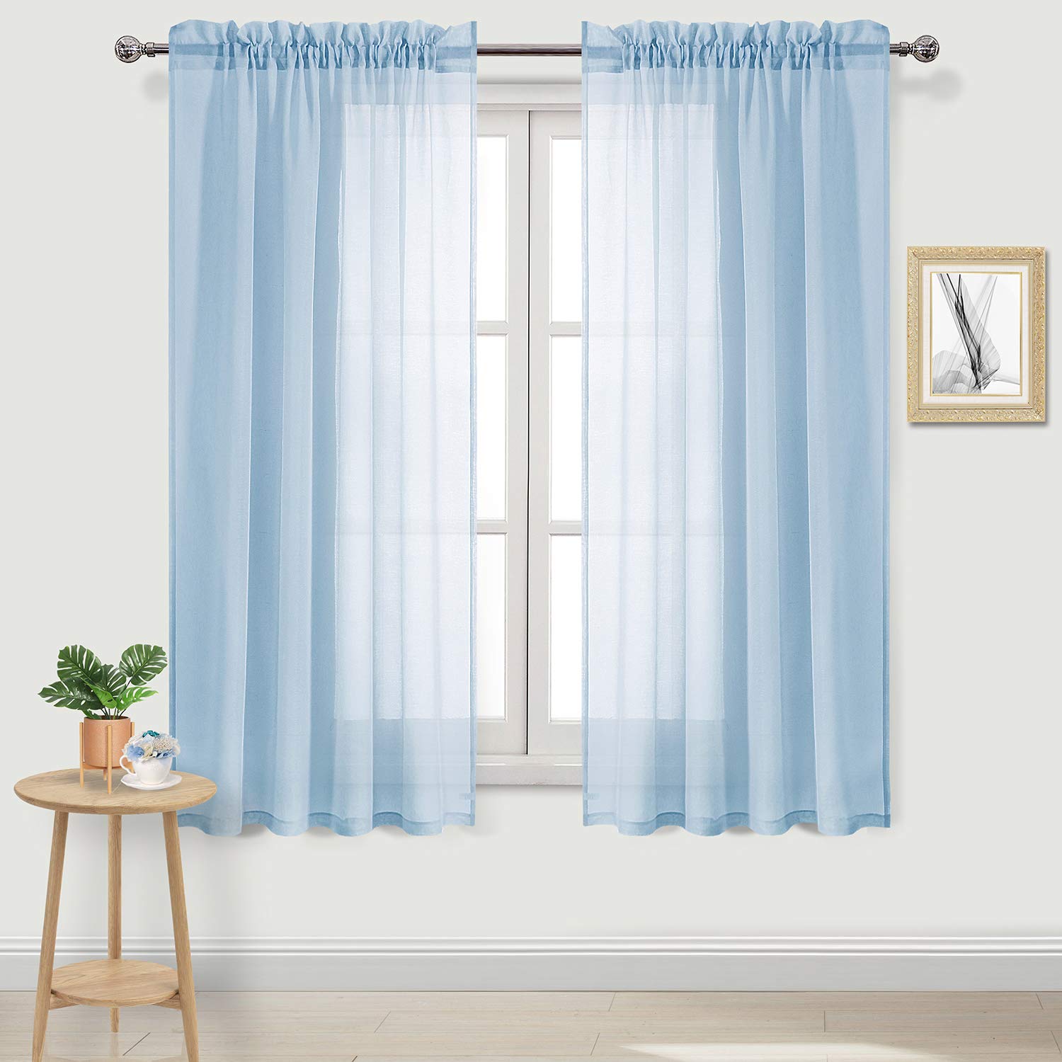 DWCN Sky Blue Sheer Curtains Semi Transparent Voile Rod Pocket Curtains for Bedroom and Living Room, 52 x 63 inches Long, Set of 2 Panels