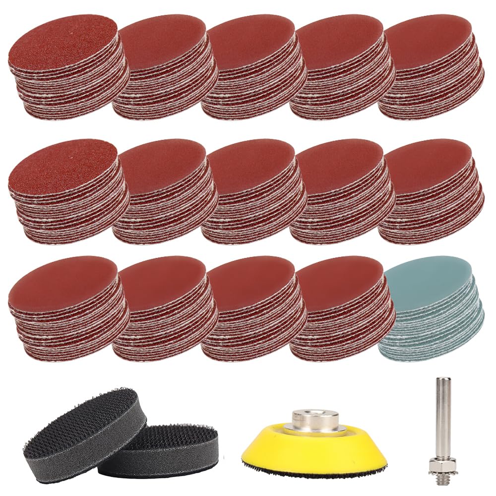 SI FANG 300Pcs 50mm Sanding Discs with 1/4" Shank Backer Plate & 2Pcs Foam Interface Pad Buffing Pads, 2inch Hook and Loop Drill Sanding Attachment, 60/120/ 180/240/400/600/800/1000/2000/3000 Grit