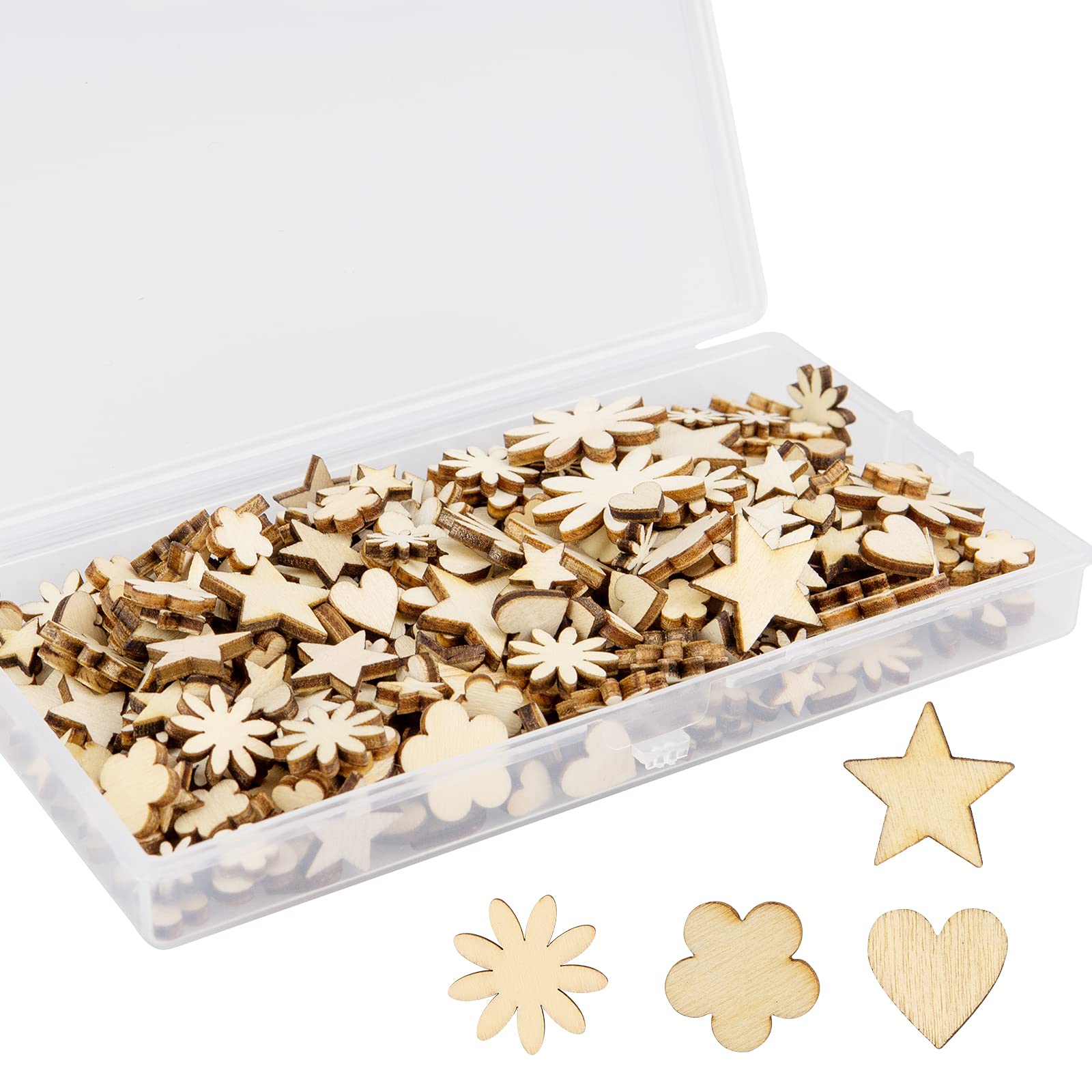 TAIYOU 300 Pack Mini Wooden Embellishments - Natural Flower, Heart, Star Shaped Wooden Slices for Scrapbooking, DIY Crafting, Wedding & Party Decoration