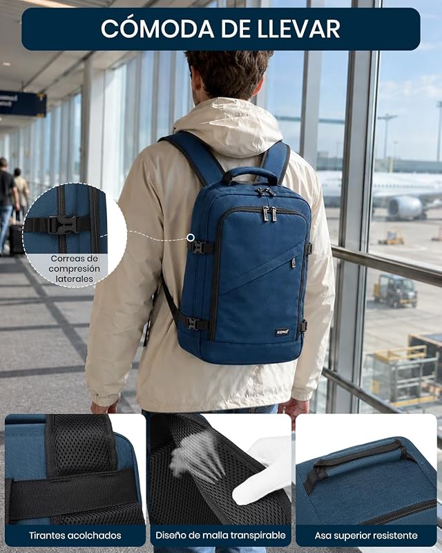 Mochila de viagem 40x20x25, uma mochila de cabine masculina que serve como bagagem de mão, com abertura de 180°, alça de bagagem e traseira respirável (azul) — foto 6 de 7