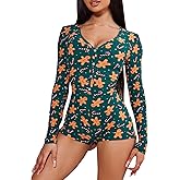 RUEWEY Women Christmas Pajamas Romper Bodycon Jumpsuit Long Sleeve V Neck Xmas One Piece Pjs Bodysuit Loungewear Sleepwear