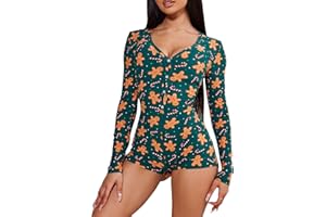 PIACAKECE Women Christmas Pajama Onesie Long Sleeve V-Neck Bodycon Romper One-Piece Jumpsuit Shorts Holiday Outfit