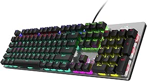 Fiodio Mechanical Gaming Keyboard, Fantastic LED Rainbow Backlit Wired Keyboard, Full Anti-Ghosting Keys, with Quick-Response Blue Switches and Multimedia Control for PC and Desktop Computer