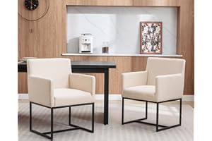 HNY Mid Century Modern Upholstered Dining Chairs with Arms Set of 2, Linen Accent Black Finish Metal Frame, 19'' Wide Arm for Living Room Kitchen Bedroom, Cream, Cream-linen-black Frame