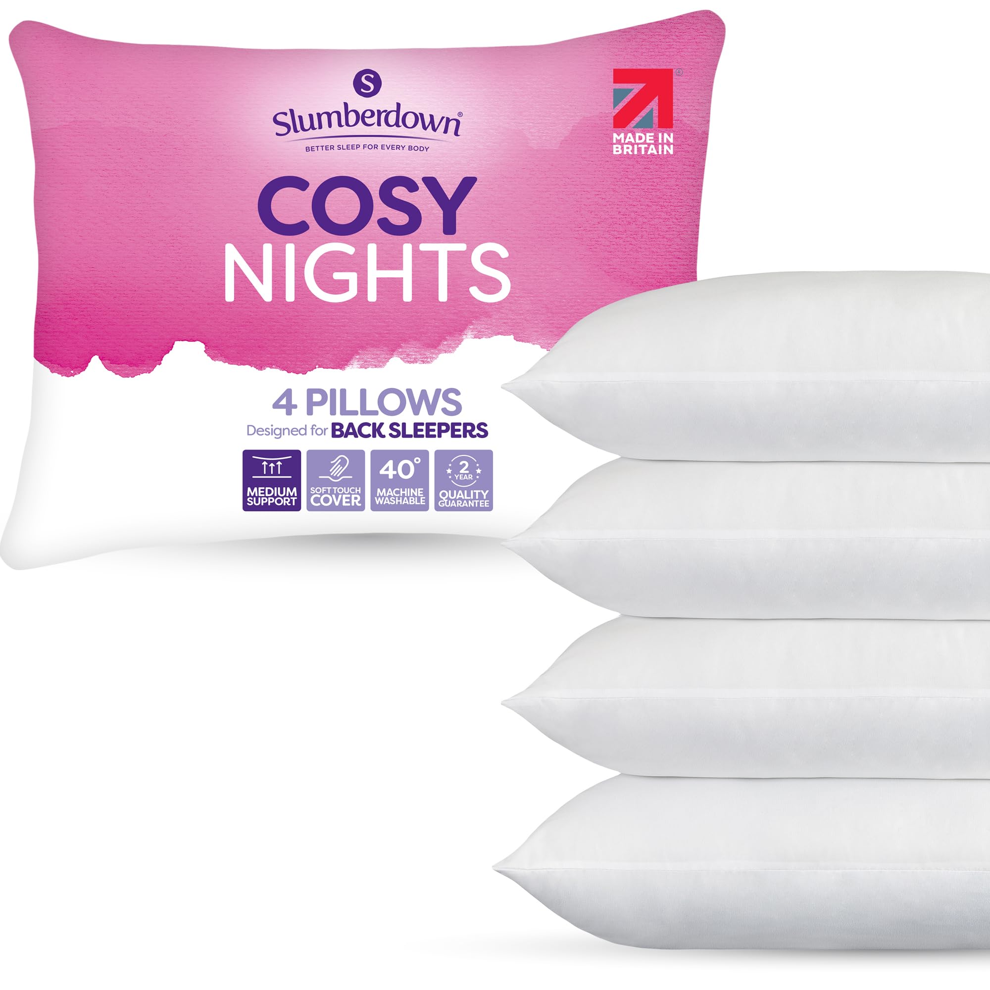 Slumberdown Cosy Nights Bed Pillows 4 Pack Non-Allergenic Medium Support Back & Side Sleeper Pillow - Soft Touch Breathable Cover, Made in the UK & Washable, Packaging May Vary (48 x 74cm)