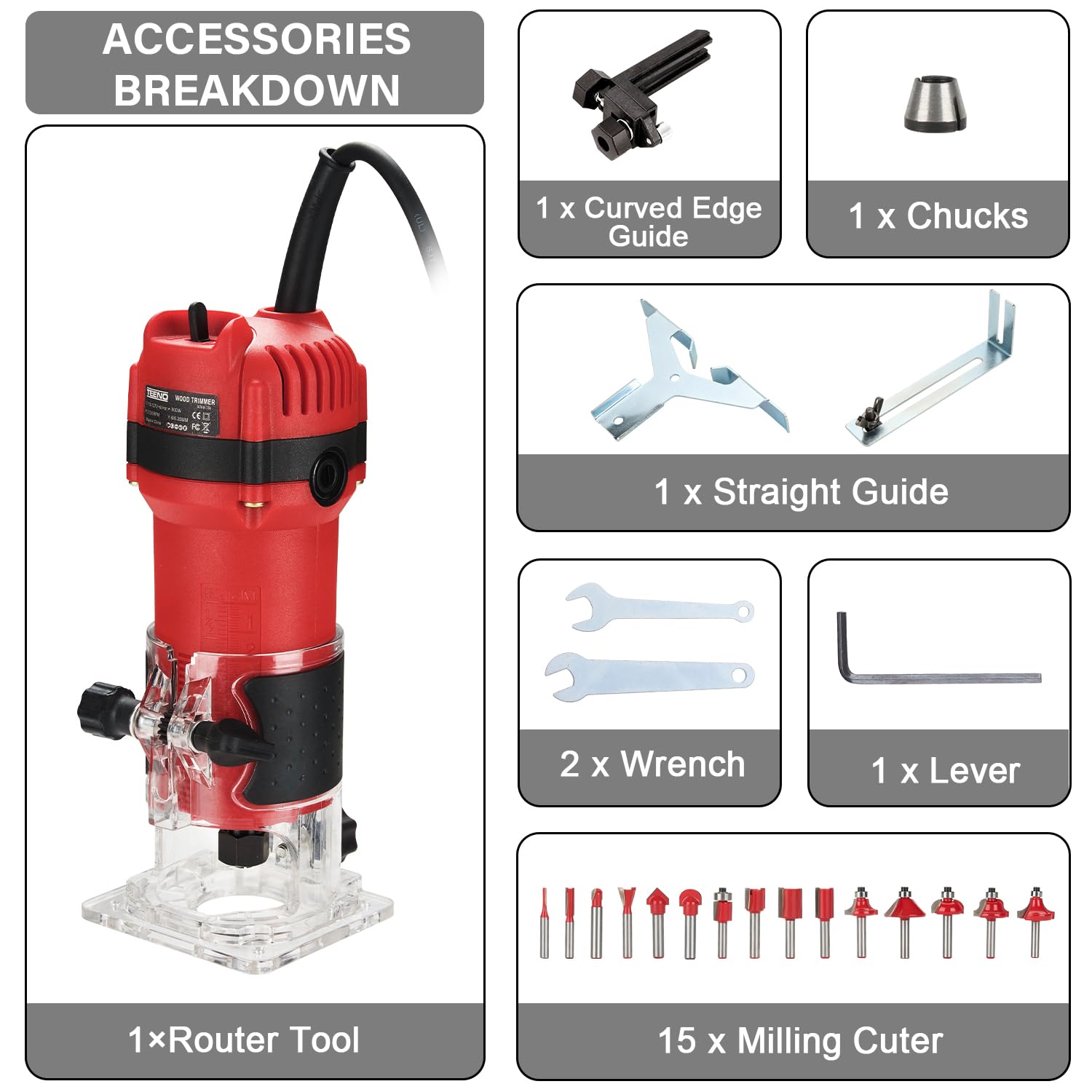 TEENO Wood Router, 6.5Amp 1.25HP Wood Routers For Woodworking, 800W Hand Wood Router Tool