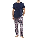 TeJoyce Mens Pajamas Set Cotton Short Sleeve and Plaid Long Pants 2 Piece Loungewear Sleepwear with Pocket