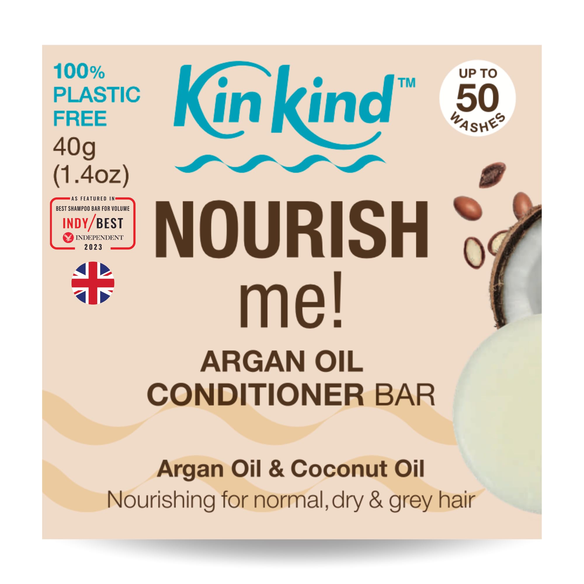 KinKind Conditioner Bar. Coconut Oil & Argan Oil NOURISH me! Hair Conditioner Bar for Hair UK made. Deeply Nourishing & Hydrating Hair Conditioner for Women, Dry, Normal & Grey Hair. 50 Washes. Vegan.
