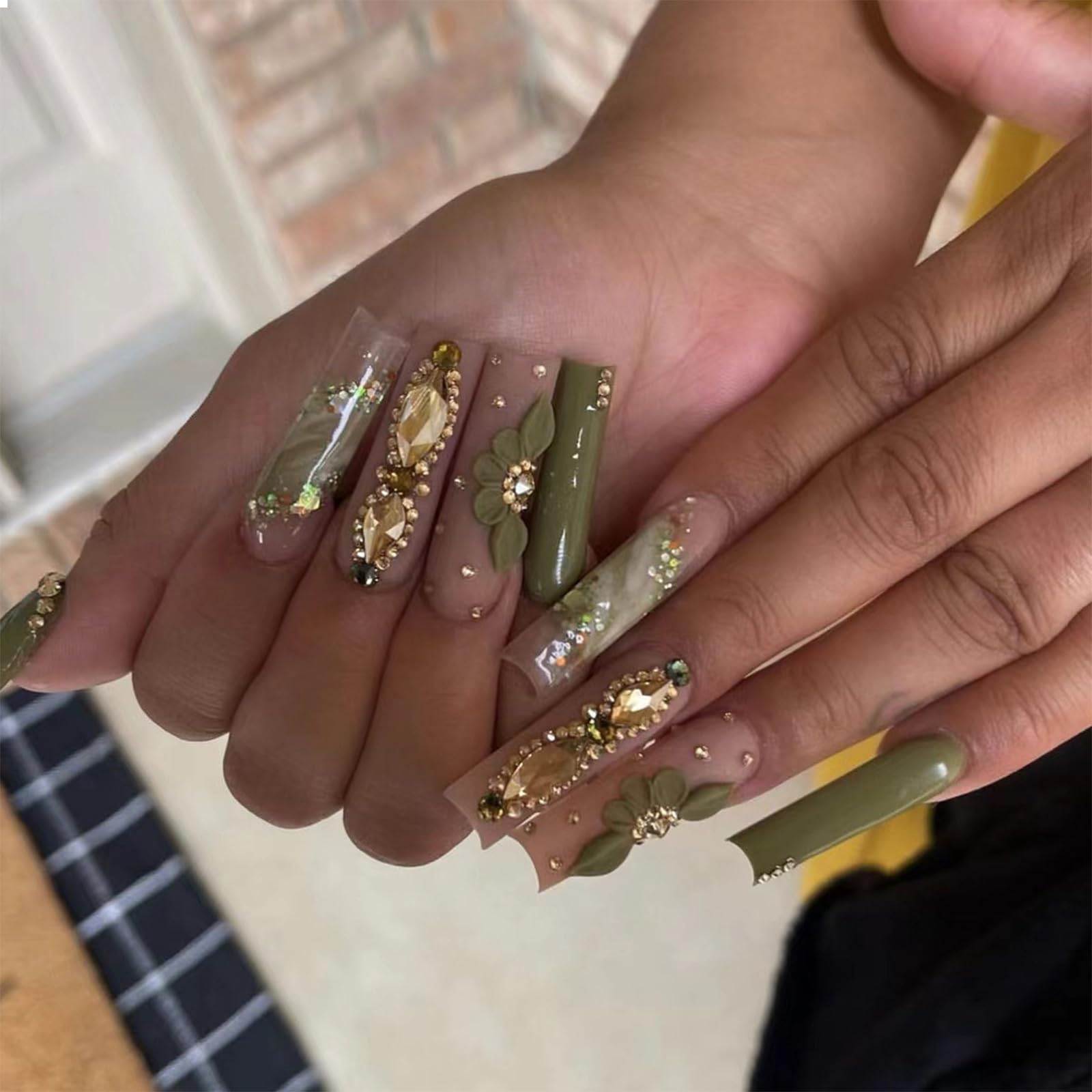 GlamRays Long Press on Nails Square Shape Green Press on Nails with Rhinestones Design Fake Nails Flowers Acrylic Nails Fake Nails