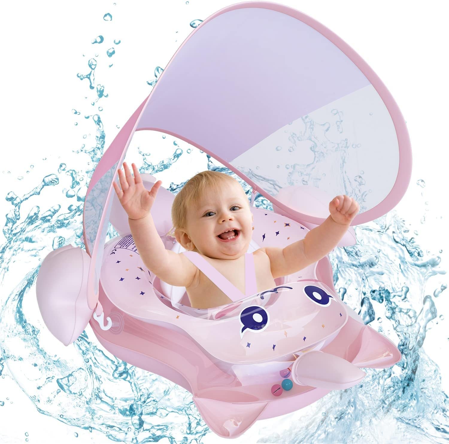 Inflatable Baby Swimming Float - SPF50+ Baby Pool Float with Canopy and Adjustable Back Straps, Baby Swimming Ring with Anti-Flip Tail for 6-24 Months(8-15KG)