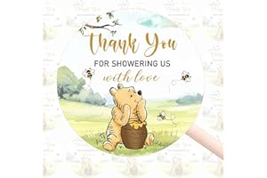 KWTZKUO 80pcs Thank You for Showering Us with Love Baby Shower Stickers, Winnie Thank You Stickers, Classic Pooh Party Label Set