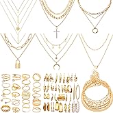 NoctisNest Gold Jewelry Set for Women, 52 Pcs Fashion Gold Plated Accessories with 6 Necklace 6 Bracelet, 18 Hoop Earrings 22 Knuckle Rings for Women Valentine Anniversary Birthday Friendship Gift