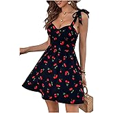 Floerns Women's Cherry Print Tie Shoulder Cami Dress Vacation Flare Hem Boho Dresses