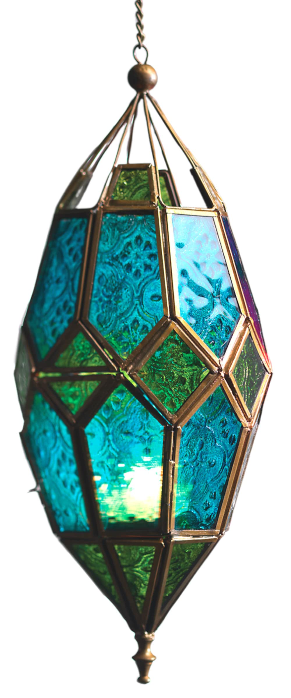 Moroccan Style Hanging Glass Tealight Lantern (Large Green/Blue)