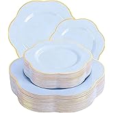 Liacere 50PCS Blue Plastic Plates - Heavy Duty Ice Blue Disposable Plates - Blue and Gold Plastic Plates Include 25PCS Blue Dinner Plates, 25PCS Blue Dessert Plates for Christmas
