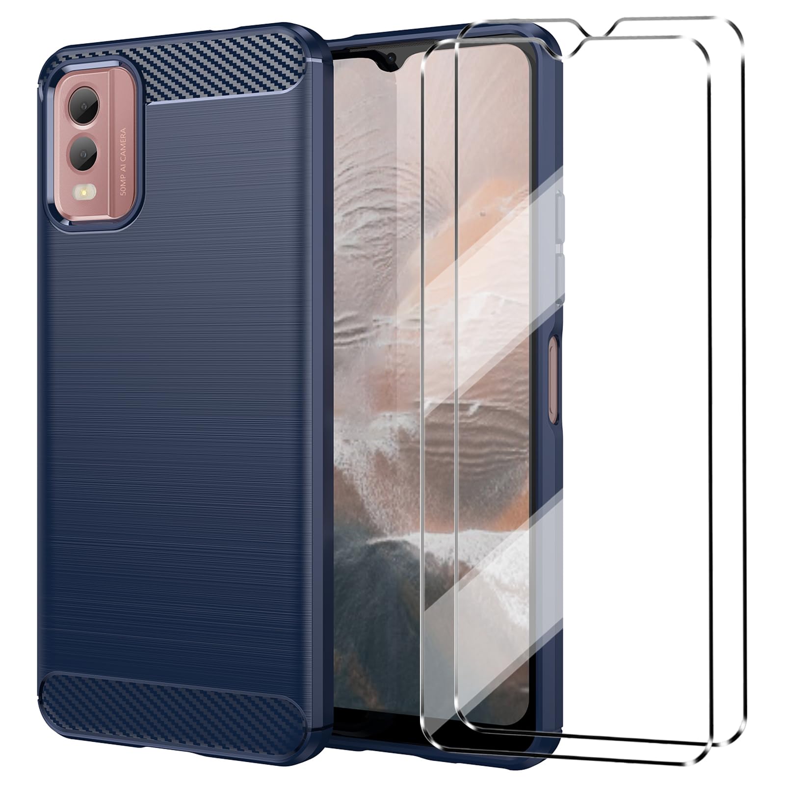 [3 in 1] Case Compatible with NOKIA C32 Cover with 2 Pack Tempered Glass Screen Protector for NOKIA C32, Slim Fit Soft TPU Shockproof Anti-Scratch Phone Case Cover - Navy