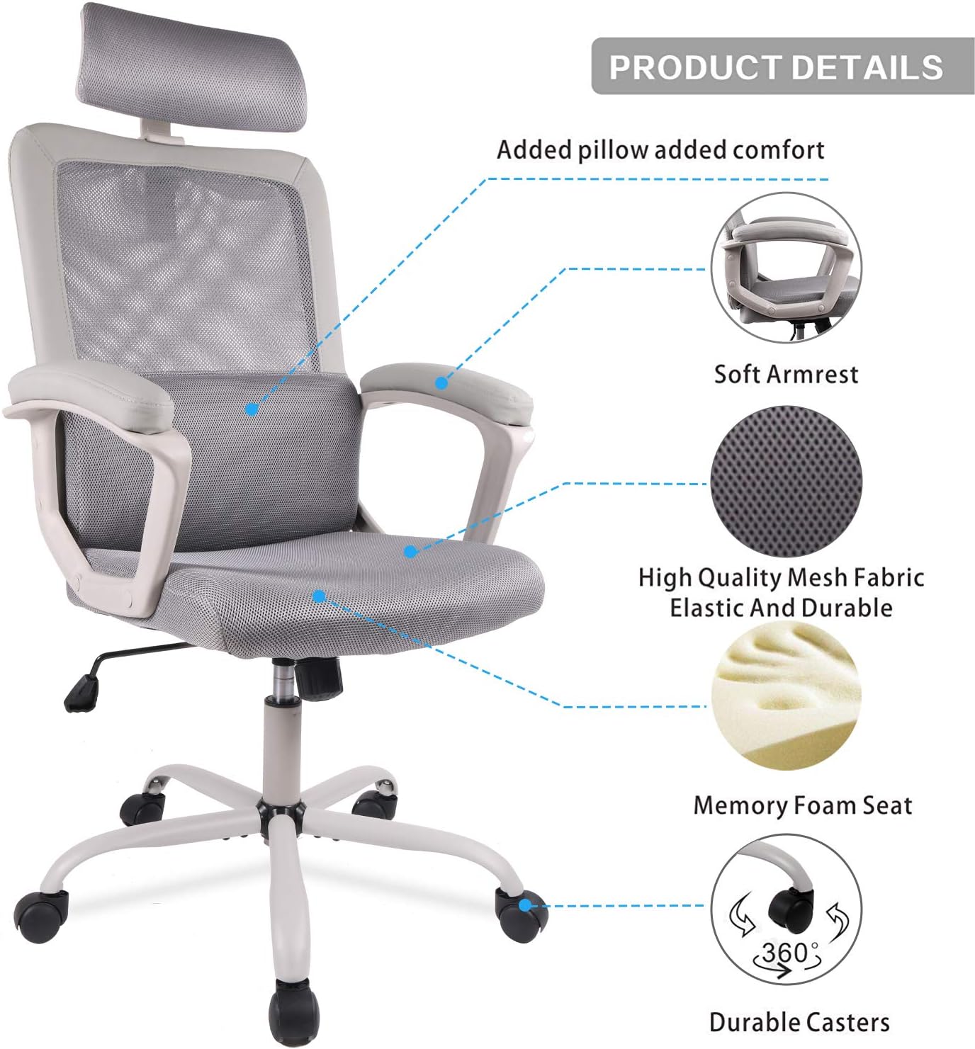Smugdesk Office Chair, High Back Ergonomic Mesh Desk Office Chair with Padding Armrest and Adjustable Headrest -Gray: Home & Kitchen