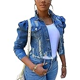 Omoone Women's Ripped Puff Sleeve Denim Crop Top Long-Sleeve Cropped Jean Jacket