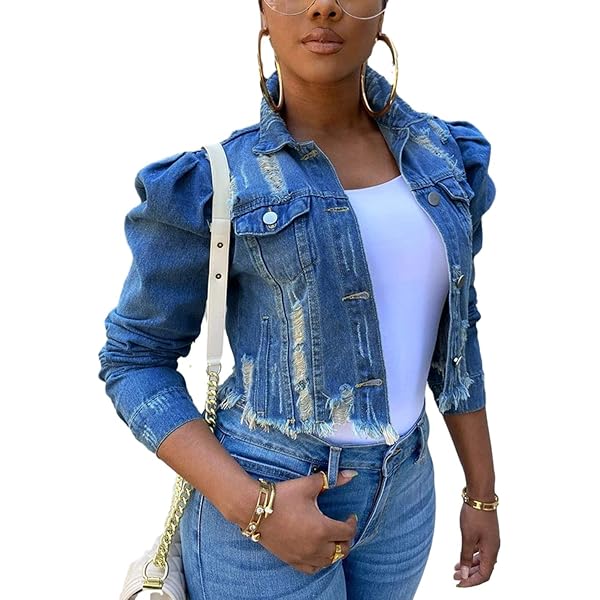 Sexyshine Women's Stylish Puff Sleeve Distressed Ripped Frayed