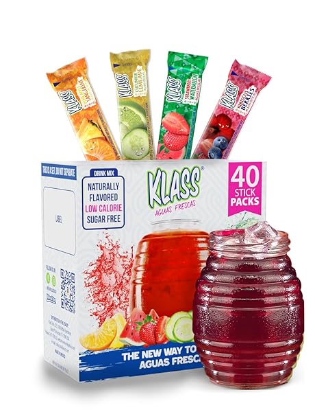 KLASS AGUAS FRESCAS | DRINK MIX VARIETY PACK | CUCUMBER LIMEADE, STRAWBERRY WATERMELON, HIBISCUS BERRIES & PINEAPPLE TANGERINE | SUGAR FREE ON-THE-GO PACKETS (40 COUNT POWDER STICK PACKS)