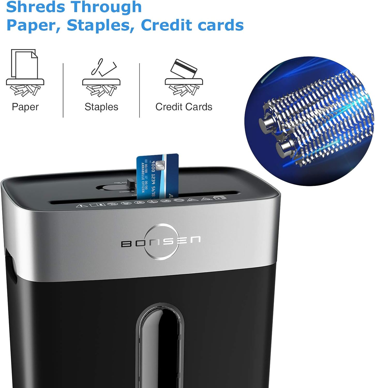 BONSEN Paper Shredder, 8-Sheets Cross Cut Paper Staples and Credit Card, High Security Level P-4 Shredder for Office Home Use with 3.96 Gallons Wastebasket, Black : Electronics