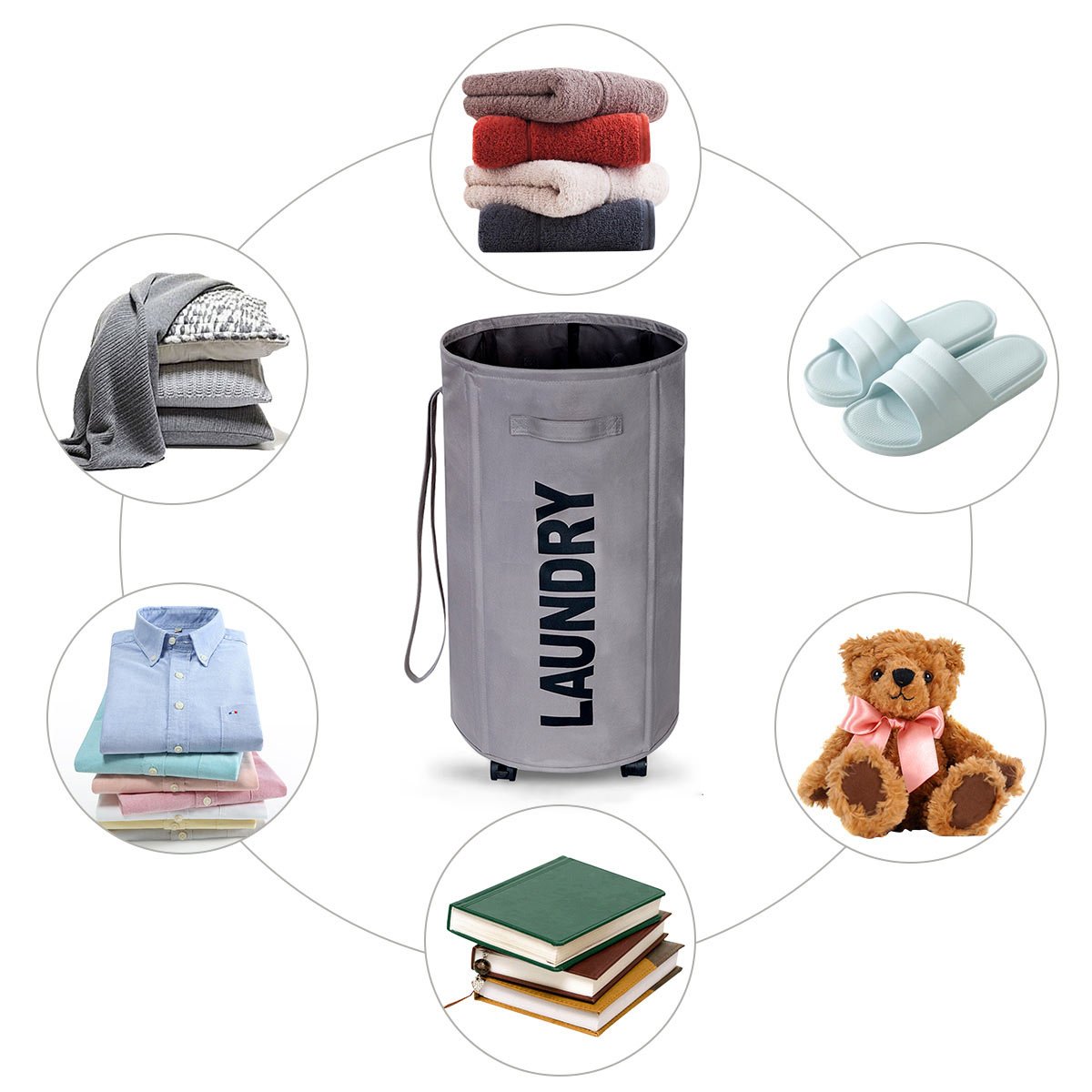 Chrislley Large Laundry Basket on Wheels Tall Round Rolling Laundry Hamper with Belt and Handle Foldable Laundry Bin Collapsible Laundry Collector and Organizer 61.5L (Gray)