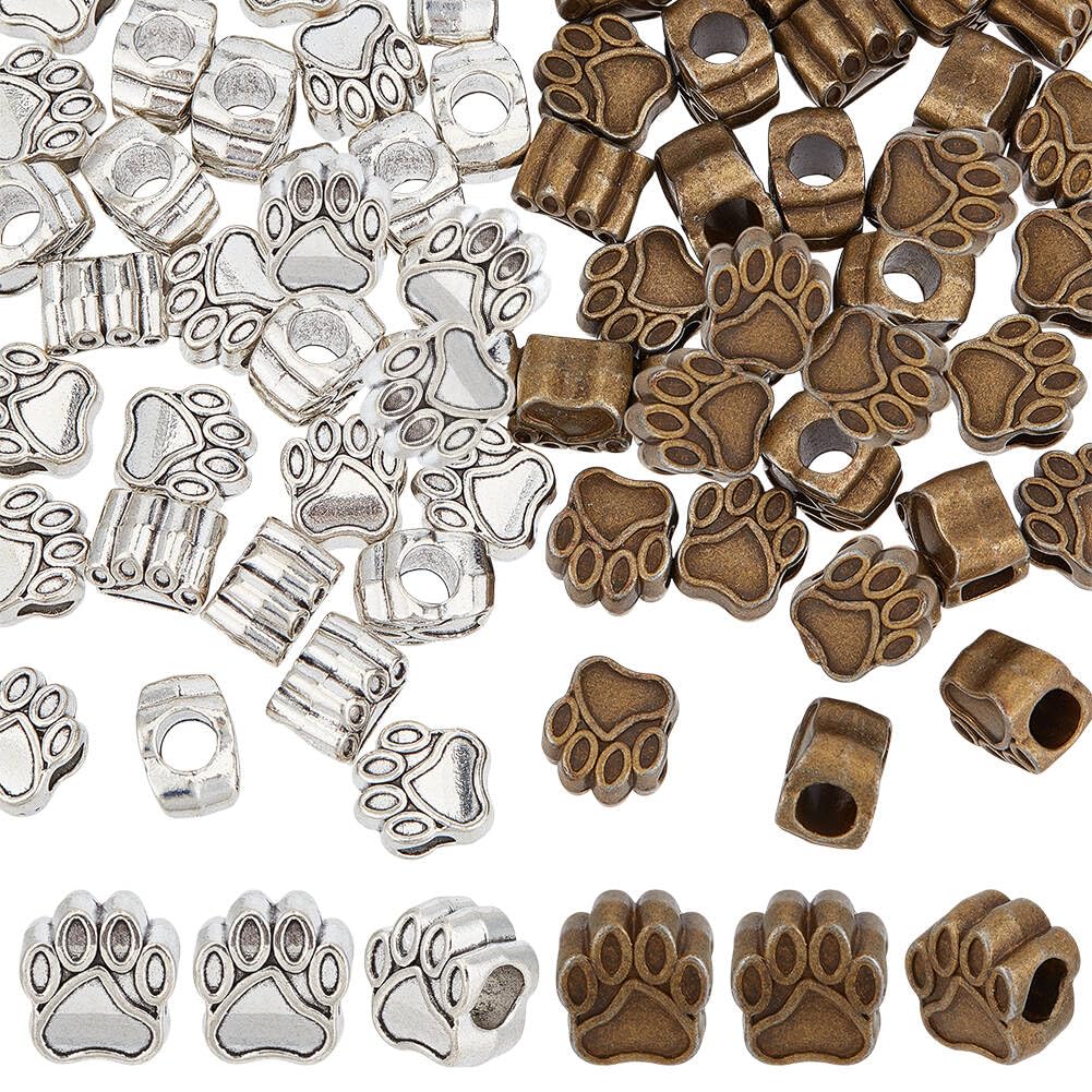 PandaHall 60 Pieces Pet Dog Puppy Paw Prints Metal Beads Fit Charm for European Bracelet Necklace Jewellery Accessories (Antique Silver and Bronze)