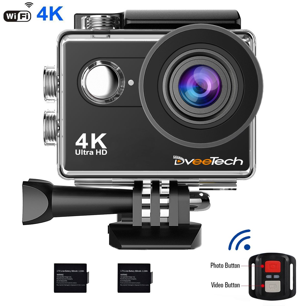 Dveetech 4k Action Camera WiFi Waterproof 30M Sport Camera 16Mp Ultra hd 1080p Underwater DV Camcorder Action Cam with Remote 2 Batteries Bike Helmet Mounting Accessories Kit for Cycling Snorkeling