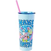 Silver Buffalo Spongebob Squarepants Make Waves Featuring Sandy Cheeks, Gary, Squidward Tentacles, Patrick Star, and Jellyfish Double Walled Stainless Steel Tumbler with Straw, 22 Ounces
