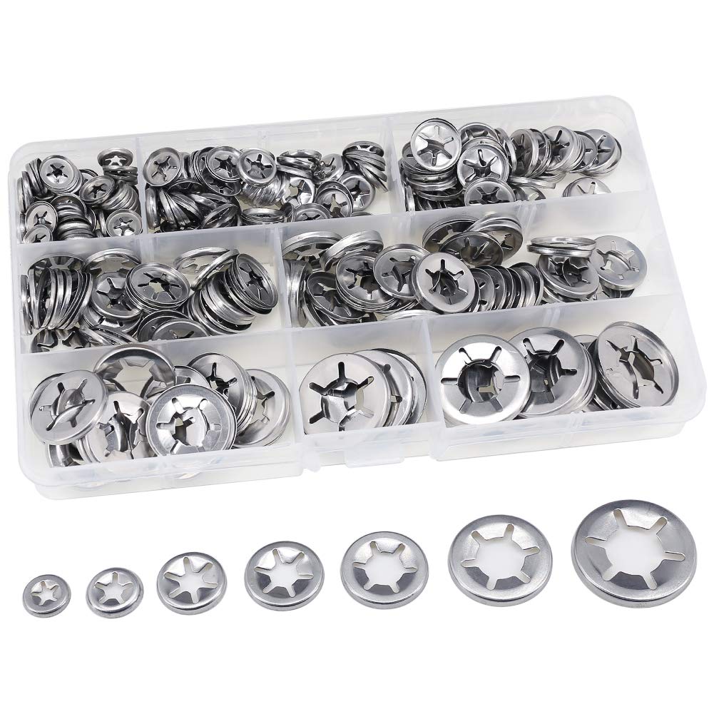400 Pcs Internal Tooth 304 Stainless Steel Starlock Washers Quick Speed Locking Washers Push On Speed Clips Fasteners Assortment Kit M3/M4/M5/M6/M8/M10/M12