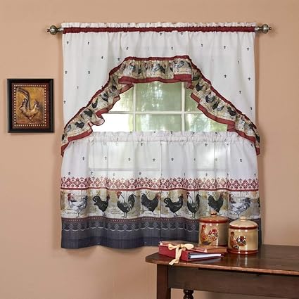 Amazon Com 3pc Burgundy Grey Ornate Rooster Kitchen Tiers Swag