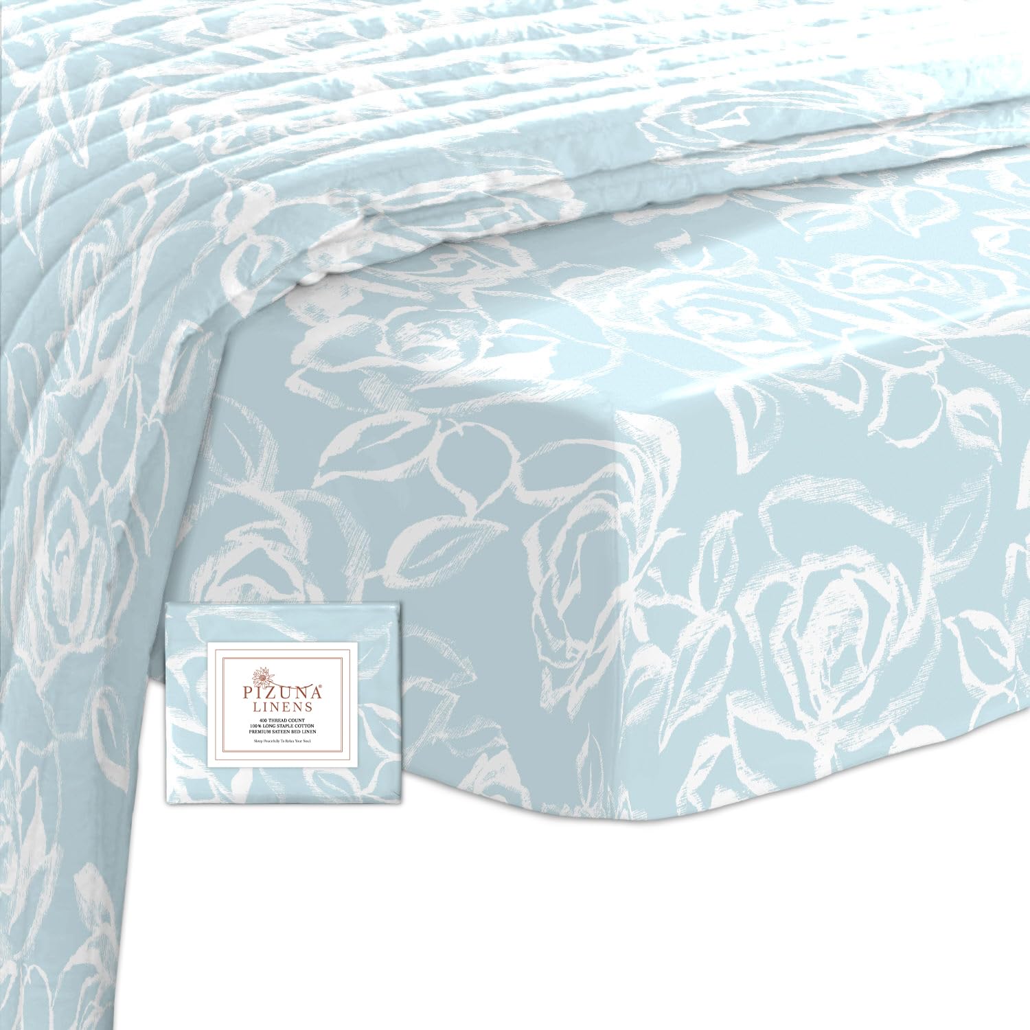 Pizuna 100% Cotton Simply Floral Blue Printed Fitted Sheet 200x200, 400 thread Count Long Staple Cotton Fitted Emperor Sheet 1 Pc, Sateen 40 cm Deep Pocket (Printed Fitted Sheet Emperor) — image 1