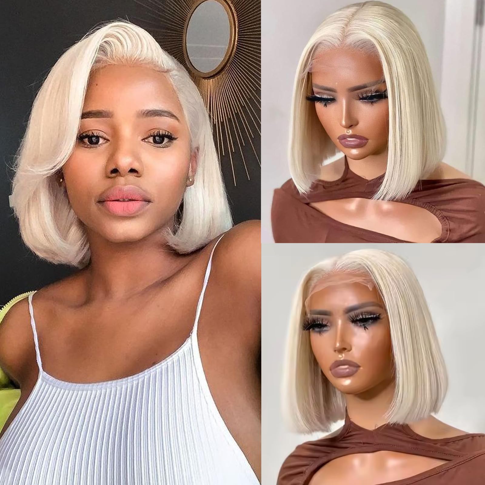 Photo 1 of 13x4 Glueless Platinum Blonde Bob Lace Front Wigs Human Hair, 12 Inch Silky Straight HD Invisible Lace Frontal Wigs for Black Women, Pre plucked Blunt Cut #60 White Ash Blonde Bob Wig with Baby Hair