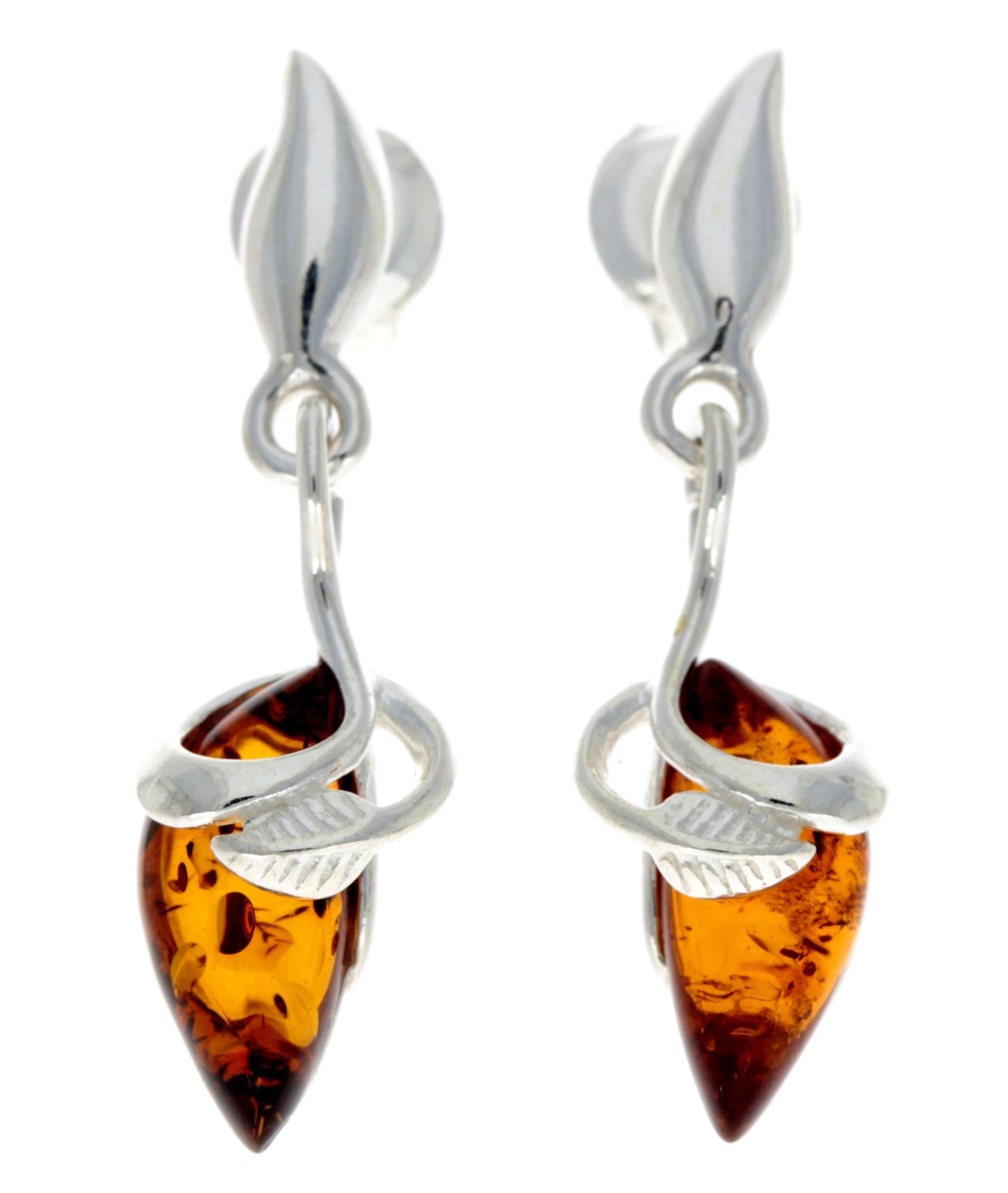 Modern Cognac Genuine Natural Baltic Amber and 925 Sterling Silver Drop Studs Earrings GL158