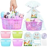 Reallnaive 12 Sets Pastel Plastic Easter Baskets Bulk Small Colorful Easter Baskets with Handles Happy Spring Gift Decorations with Gift Tags Clear Bags Ribbons for Spring Hunt Picnic Party Favors