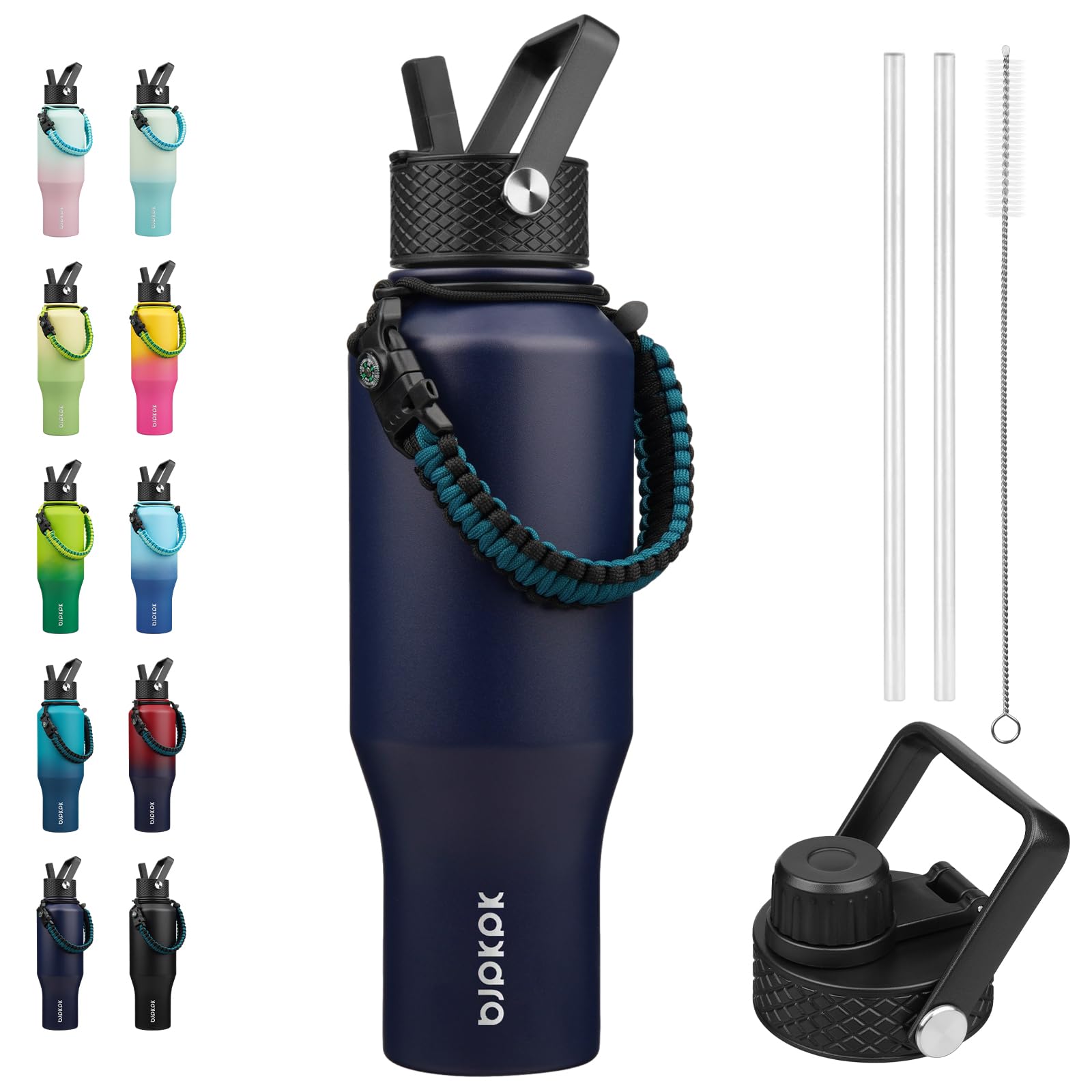 Photo 1 of BJPKPK Insulated Water Bottles with Straw Lid, 35oz Metal Water Bottle with 2 lids & Paracord Strap, Double Wall Stainless Steel Vacuum Tumblers, Cups, Mugs, Thermo for Hot& Cold Drinks, Navy Blue