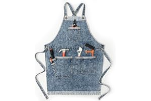 Jeanerlor - Denim Work Teacher Aprons with Pockets for Women and Men Hair Stylist Cross Straps & Adjustable S to XXXL