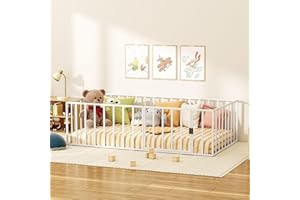 LOVMOR Twin Size Metal Floor Bed with Safety Fence and Door, Montessori Floorbed, Easy Assembly for Children Bedroom,Toddlers, Boys Girls, Kids Playroom