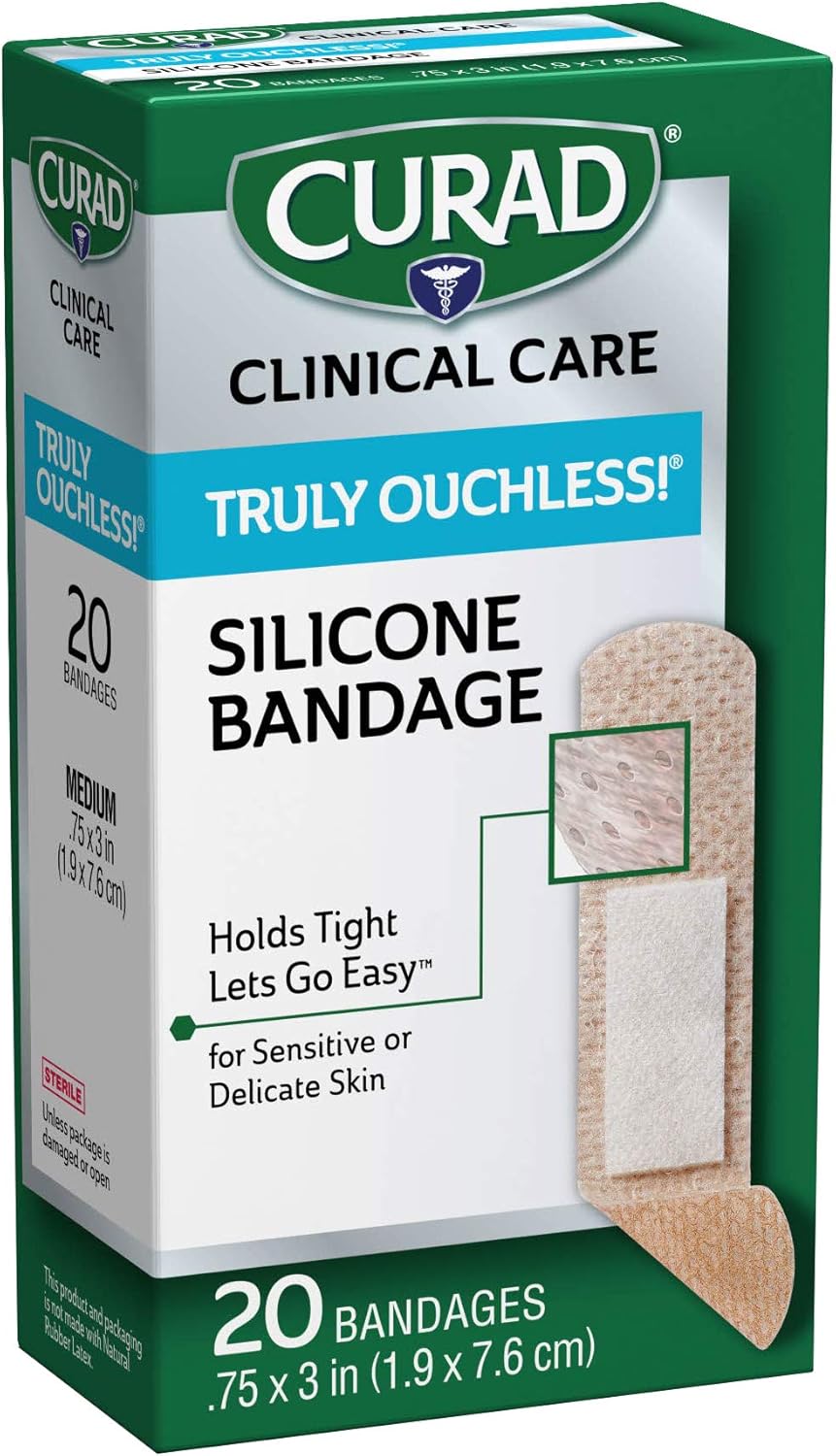 Curad Truly Ouchless Silicone Adhesive Bandages, Fabric Bandages are .75 x 3 inches, for Delicate or Sensitive Skin, 20 Count: Health & Personal Care