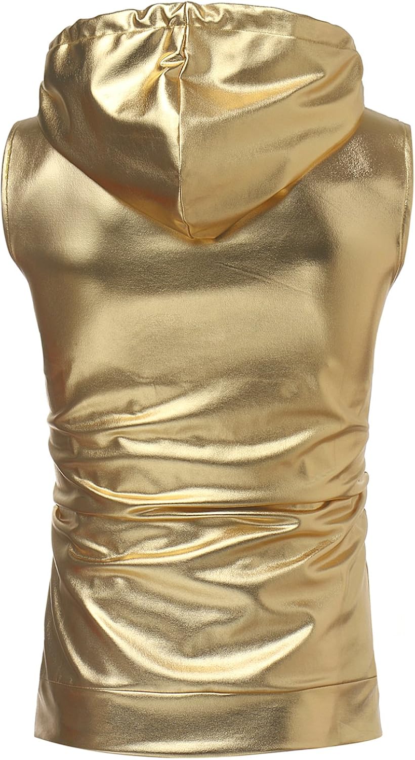ZEROYAA Mens Hipster Metallic Zip Up Sleeveless Hooded Vest T Shirt with Kangaroo Pocket at  Men’s Clothing store