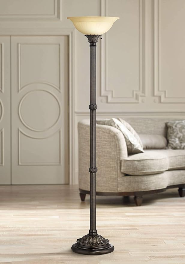Bellham Traditional Torchiere Floor Lamp Bronze Pale Amber Fluted Glass