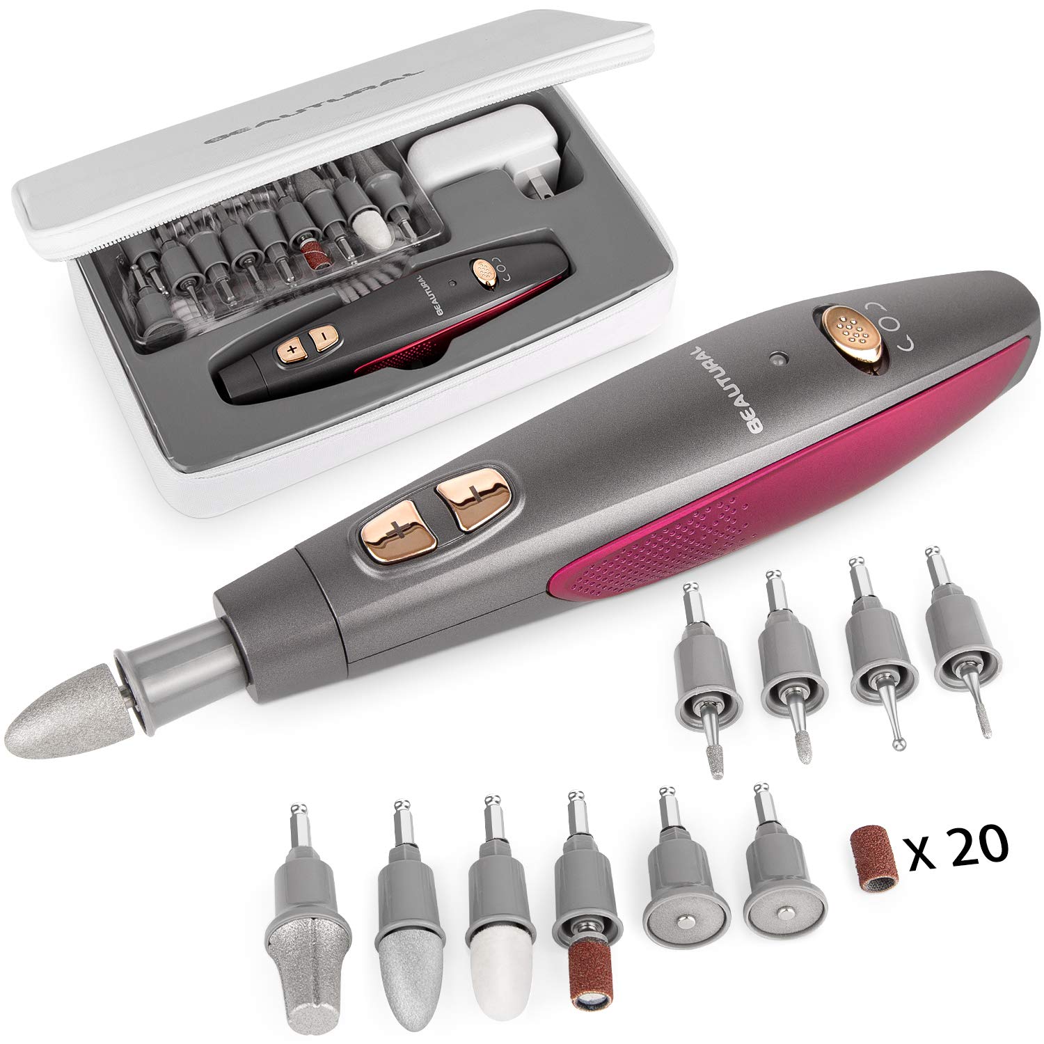 BEAUTURAL Professional Manicure and Pedicure Kit, 10-piece Attachments and 20 Sanding Bands for Hand/Foot Nail Care, Powerful Nail Drill Kit [Upgraded Version] : Beauty