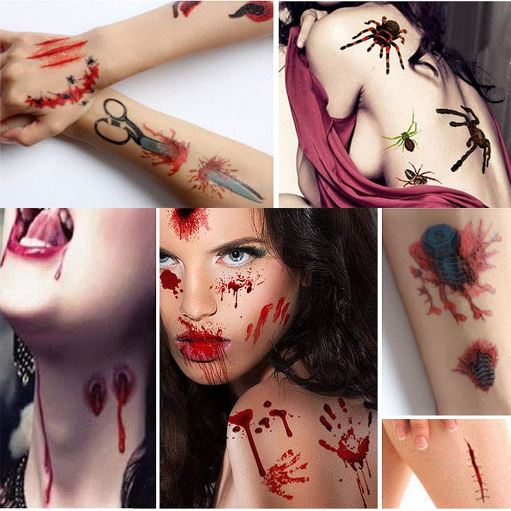 12pcs Halloween Temporary Tattoos Scar Fake Wound Blood Bleeding Spider Tattoo Stickers for Halloween Party Zombies CosPlay Costume