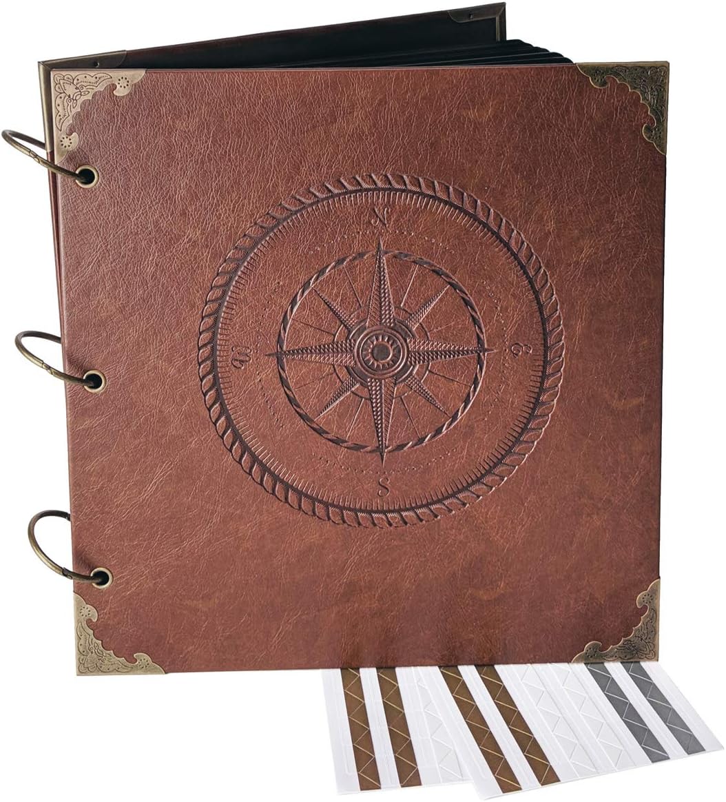 Navigating Life, Compass - Engraved Travel Adventure Book, Hard Cover, Ring Bound Scrapbook, Photo Album (Black Sheets, 10.5" x 10.2")