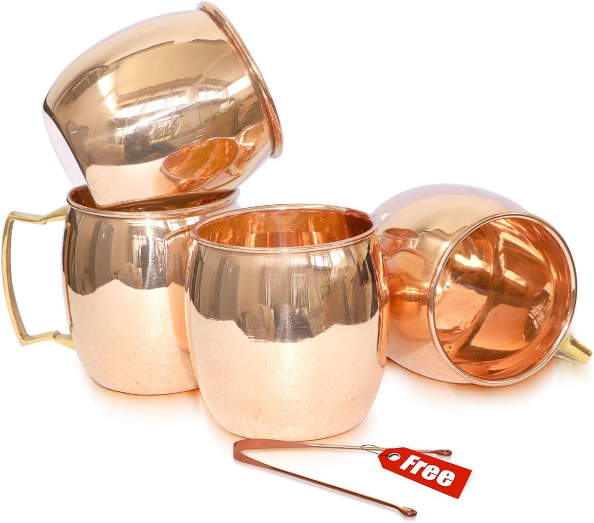 Rudra ® Moscow Mule Solid Copper Mug 17 oz / 502 ML - Set of 4, - 100% Pure Copper Hammered Best Quality Lacquered Finish, Moscow Mule Cocktail Cup, Copper Mugs, Cocktail Mugs WITH FREE COPPER TOUNGE CLEANER
