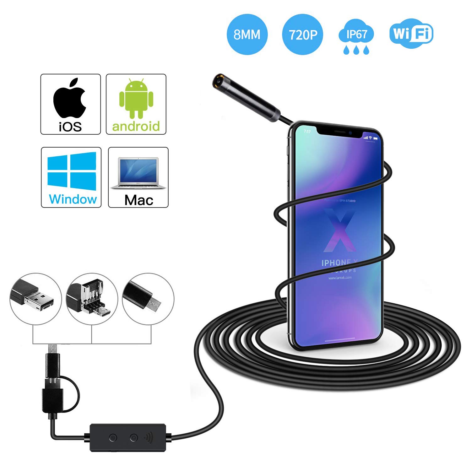 Endoscope_8mm WiFi Endoscope 3 in 1 SemiRigid USB Borescope 720P HD