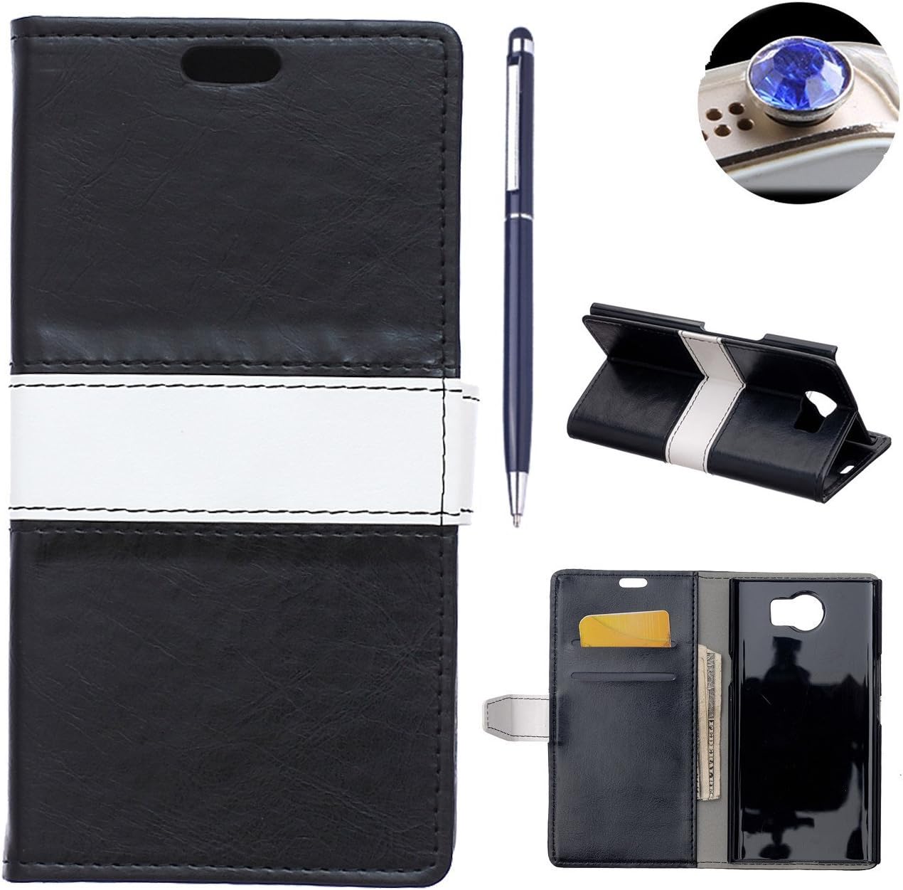 BlackBerry PRIV Case, Ayihuan Stand Flip Wallet Case with Built-in Card Slots, Premium PU Leather Wallet Cover Case For BlackBerry PRIV +1x Diamond Dust Plug +1x Stylus , Black & White