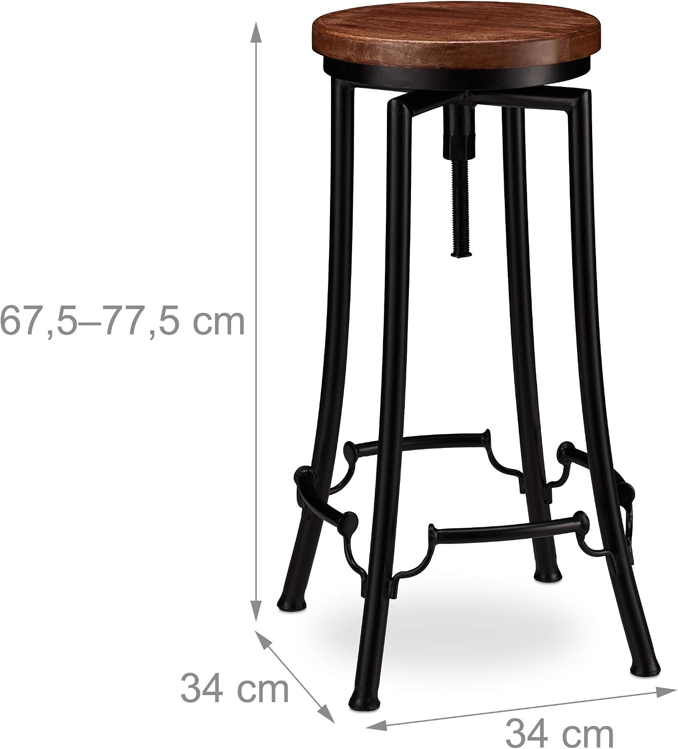 Relaxdays Industrial Barstool, Swivel Bar Seat, Vintage Chair, Iron & Wood, Height-Adjustable to 77.5 cm, Black/Brown - Image 5