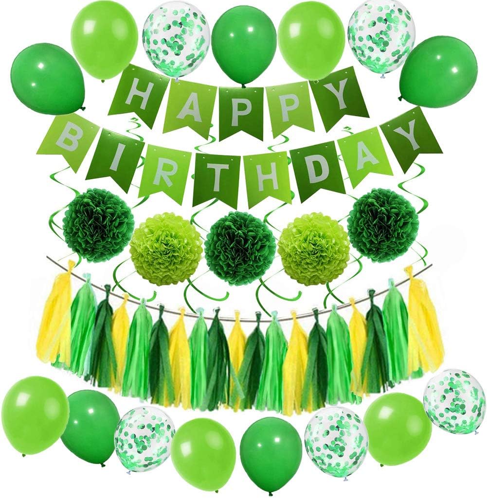MAKFORT Green Birthday Party Decoration Set with Happy Birthday Banner Confetti Latex Balloons Paper Tissue Tassel Paper Poms